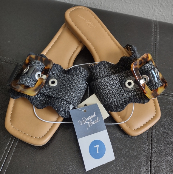 Universal Thread Shoes - Universal Thread Chrissy Slides - Black Woven Strap & Tortoise Buckle - 7